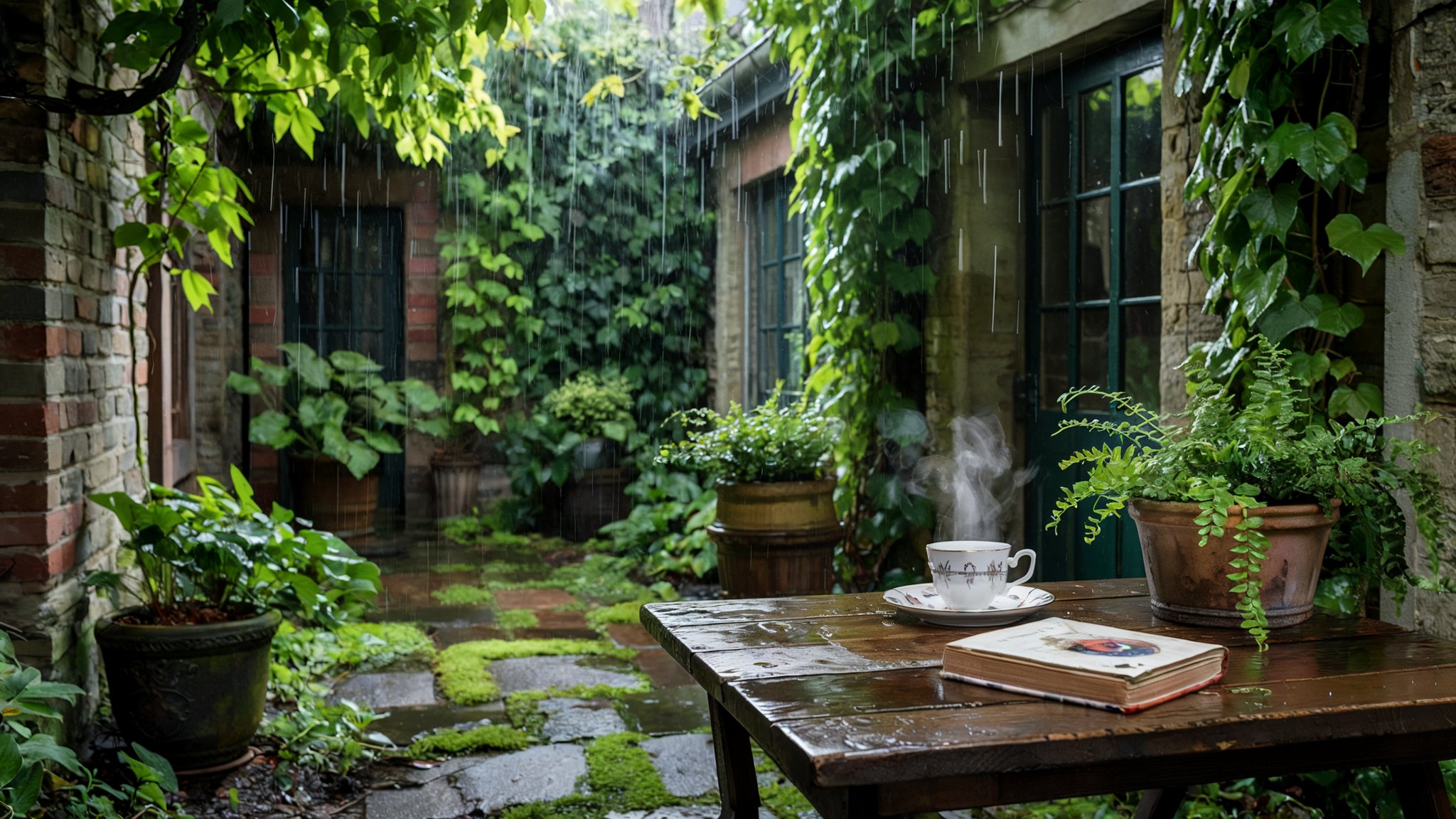 A small courtyard garden bathed in soft rain, with a table set for one …