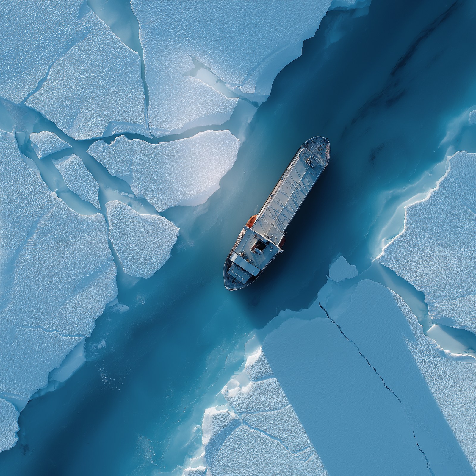 icebreaker ship breaking Arctic ice viewed from above, cinematic aerial…