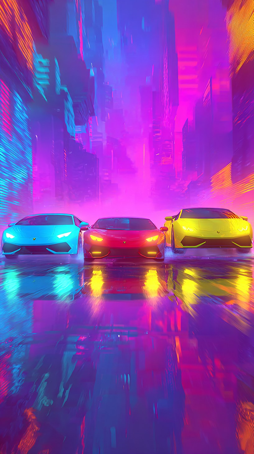 three sports cars racing forward side by side on a neon-lit road at nig…