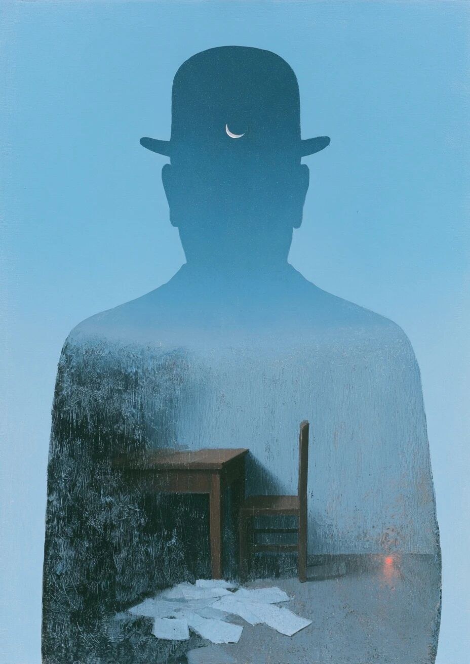 A surrealist oil painting in René Magritte's distinct style. a large si…