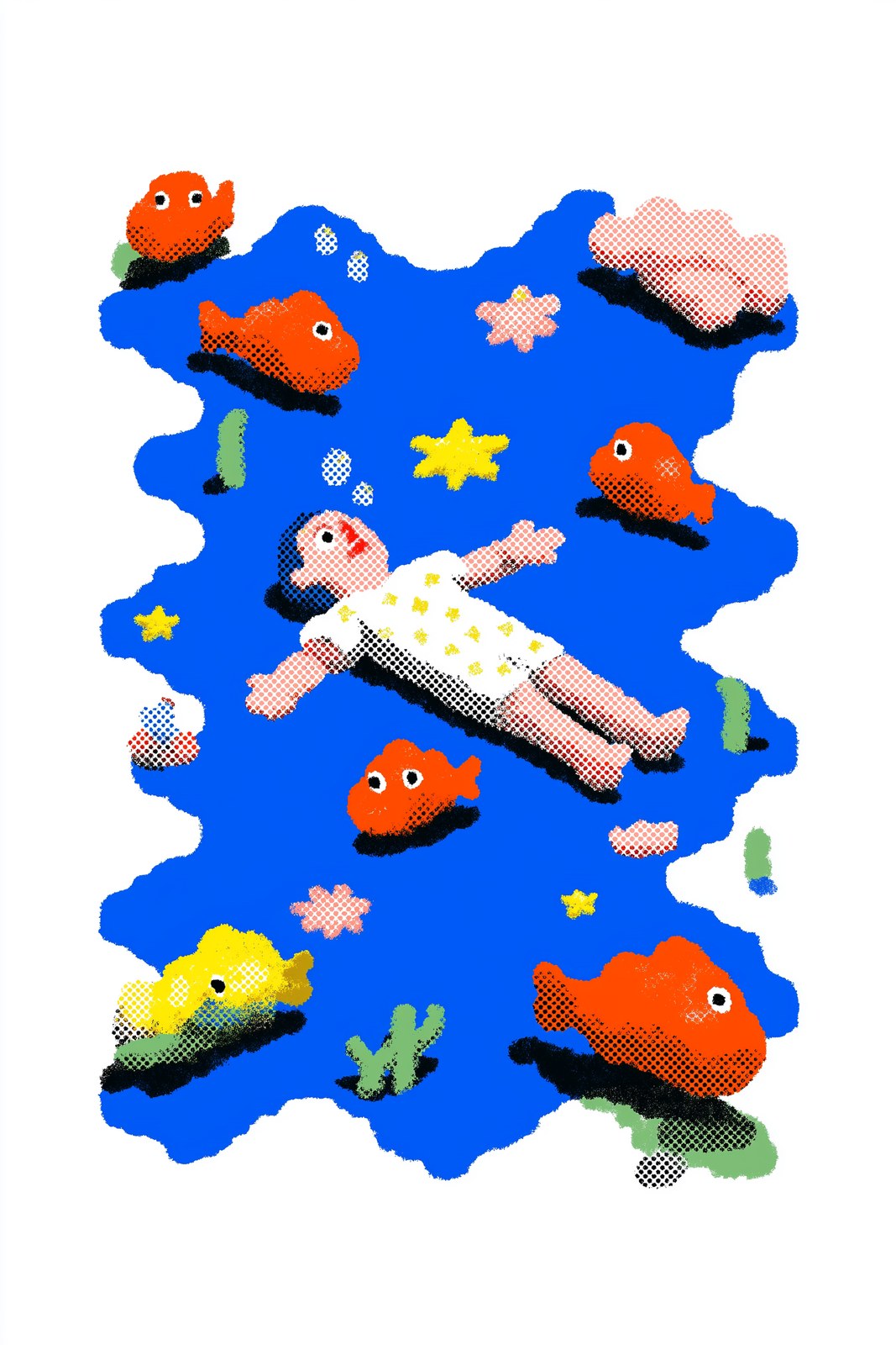 flat graphic illustration of a floating human figure underwater, surrou…