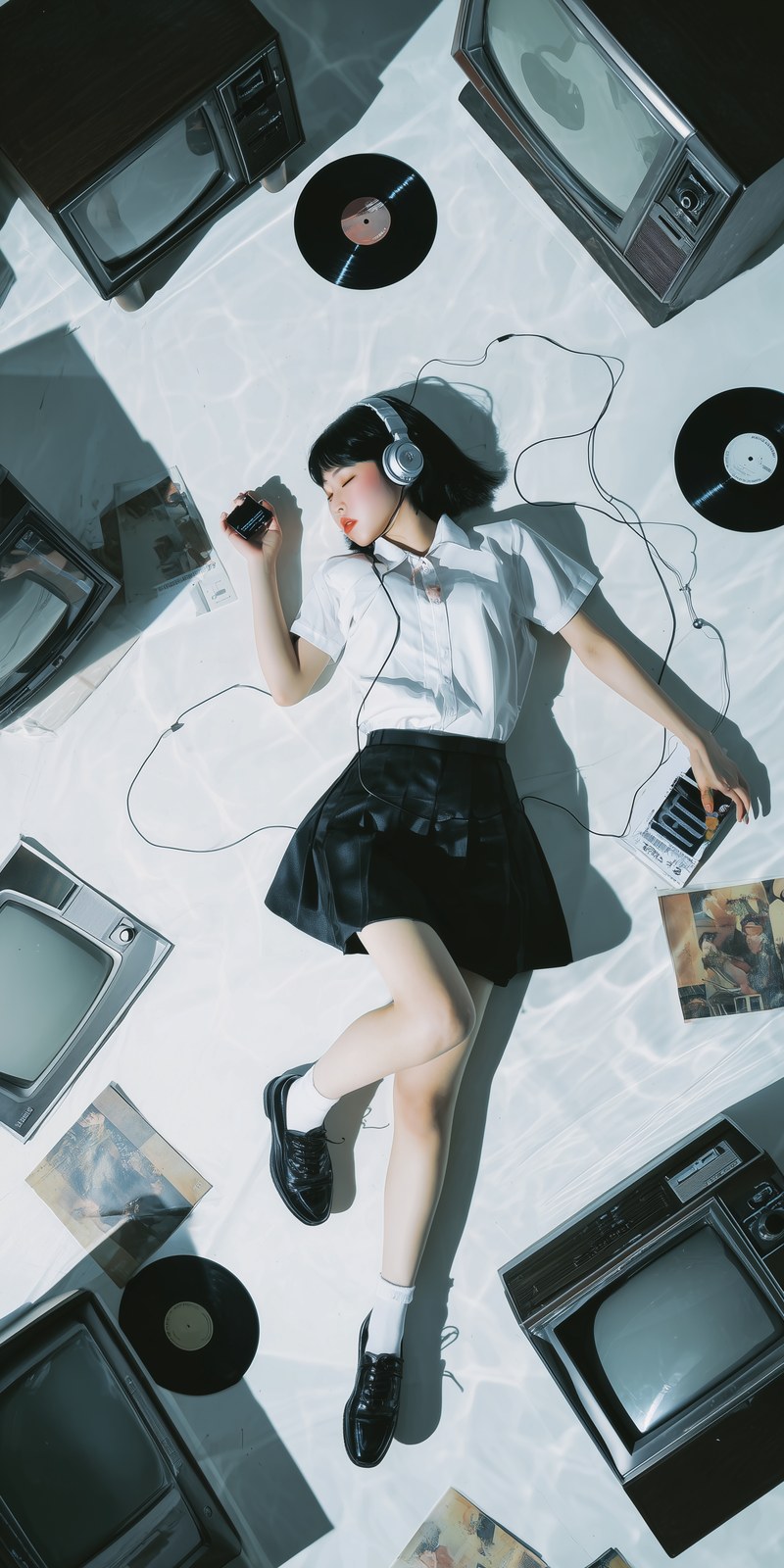 A top-down perspective of a short-haired Japanese high school girl lyin…