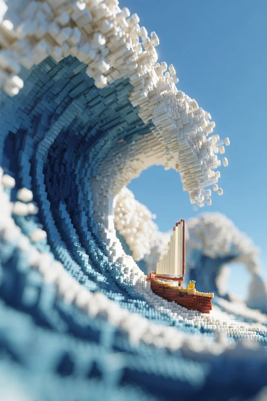 great wave,a sailboat on the wave, voxel,lego style,Building Blocks, Pl…