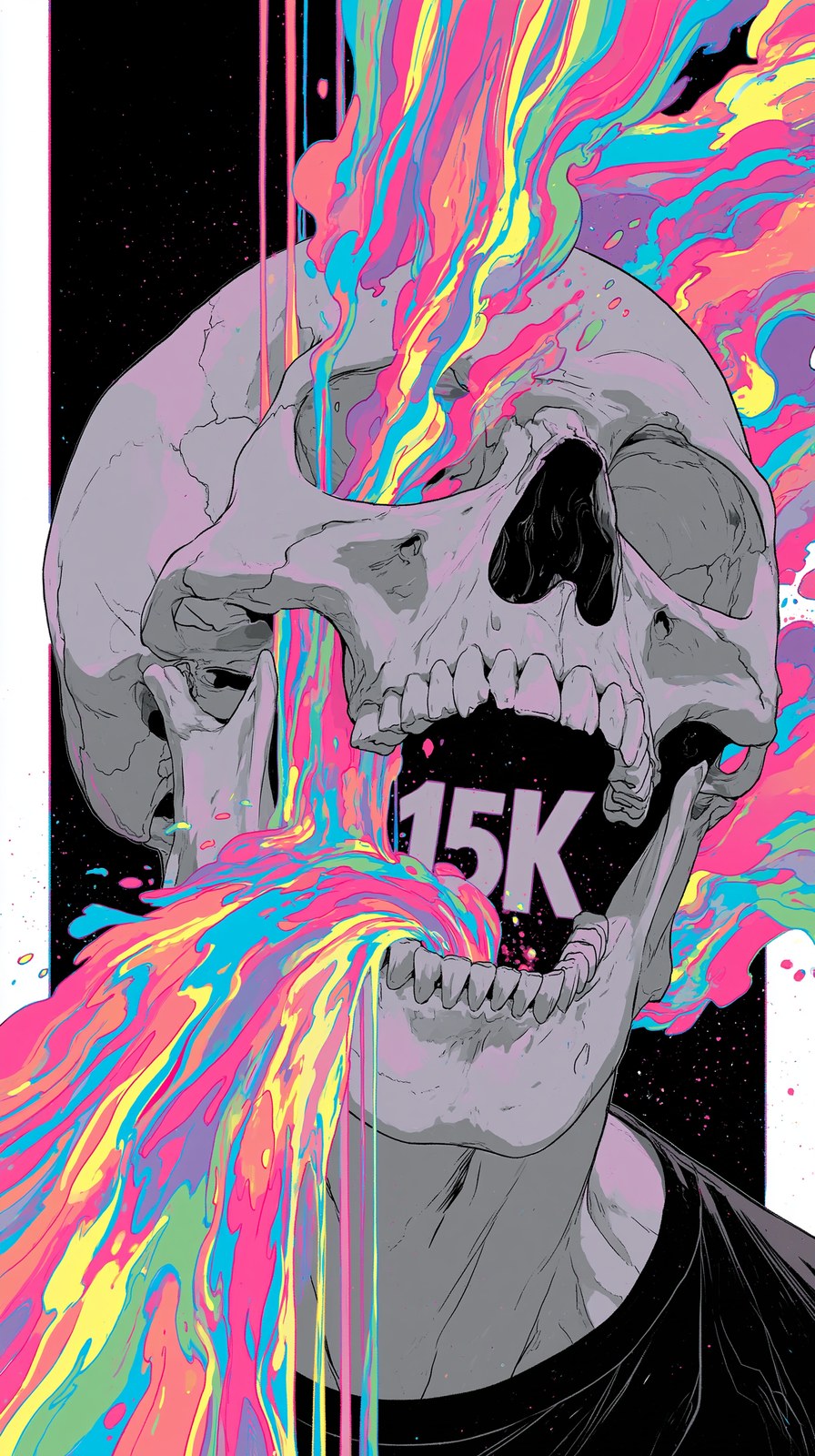 A skull vomiting the word "15K" --chaos 20 --ar 9:16 --exp 50 --raw --s…