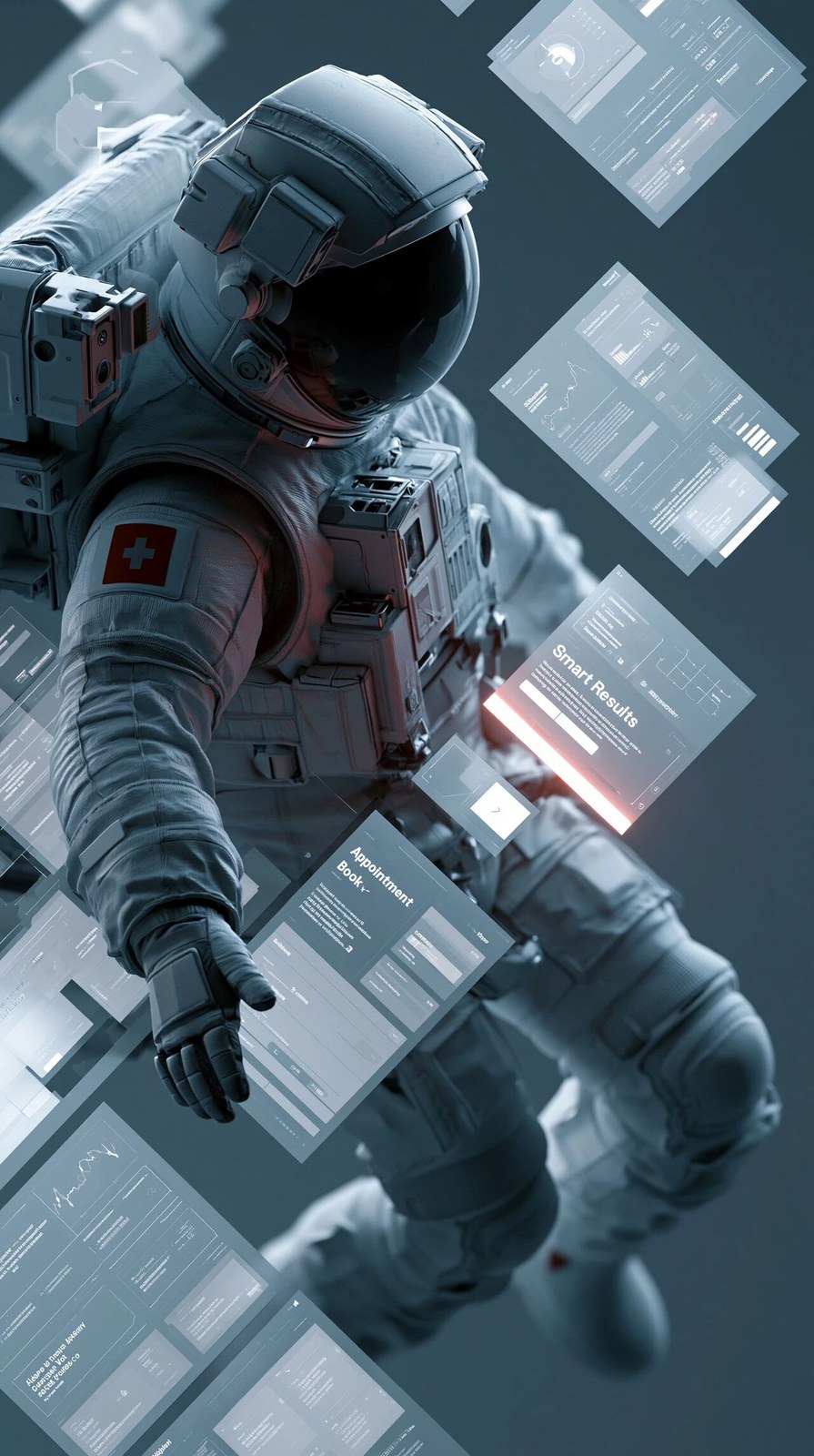 astronaut navigating a clean futuristic medical interface in space, flo…