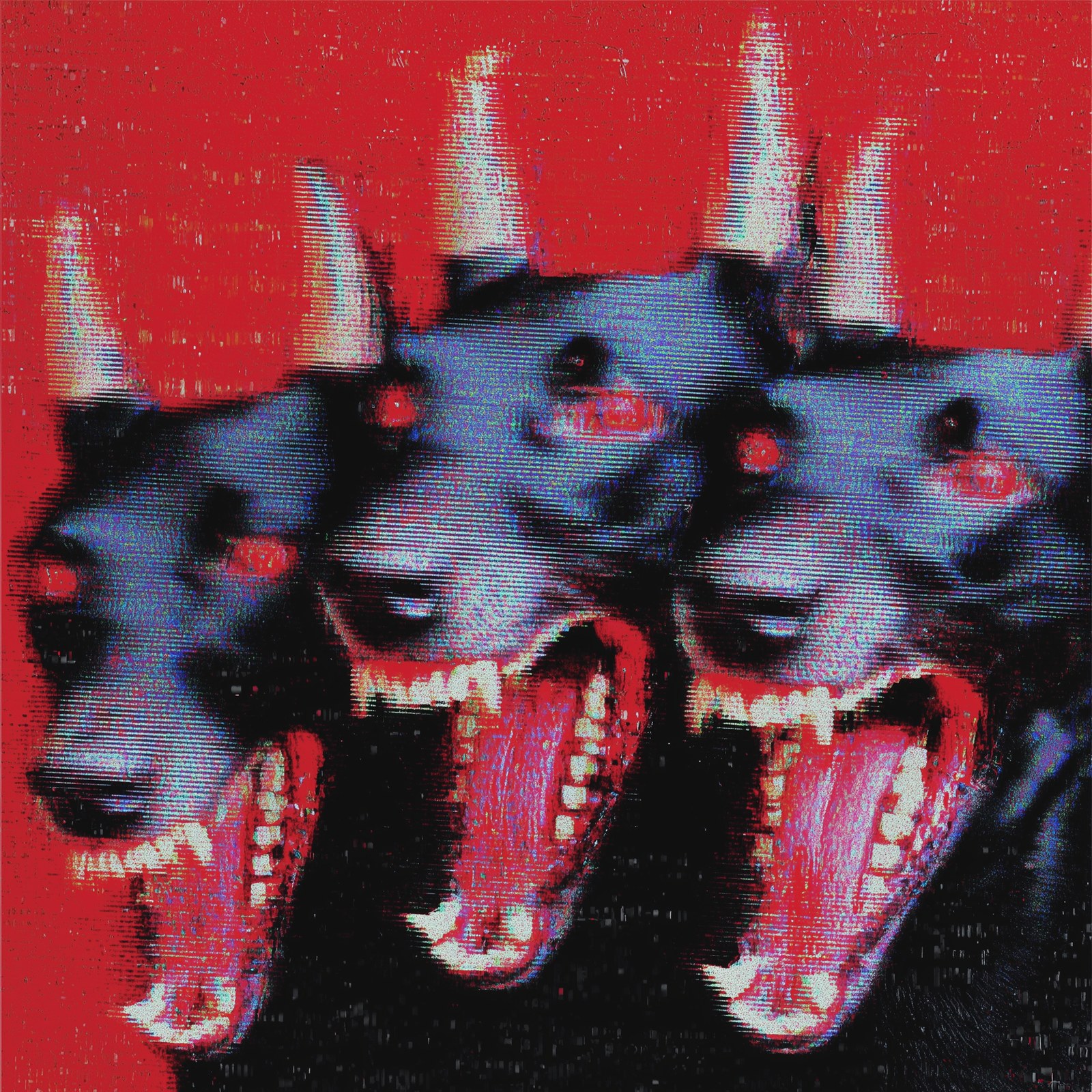 three headed cerberus dog with demon horns, bloody teeths, full of doge…