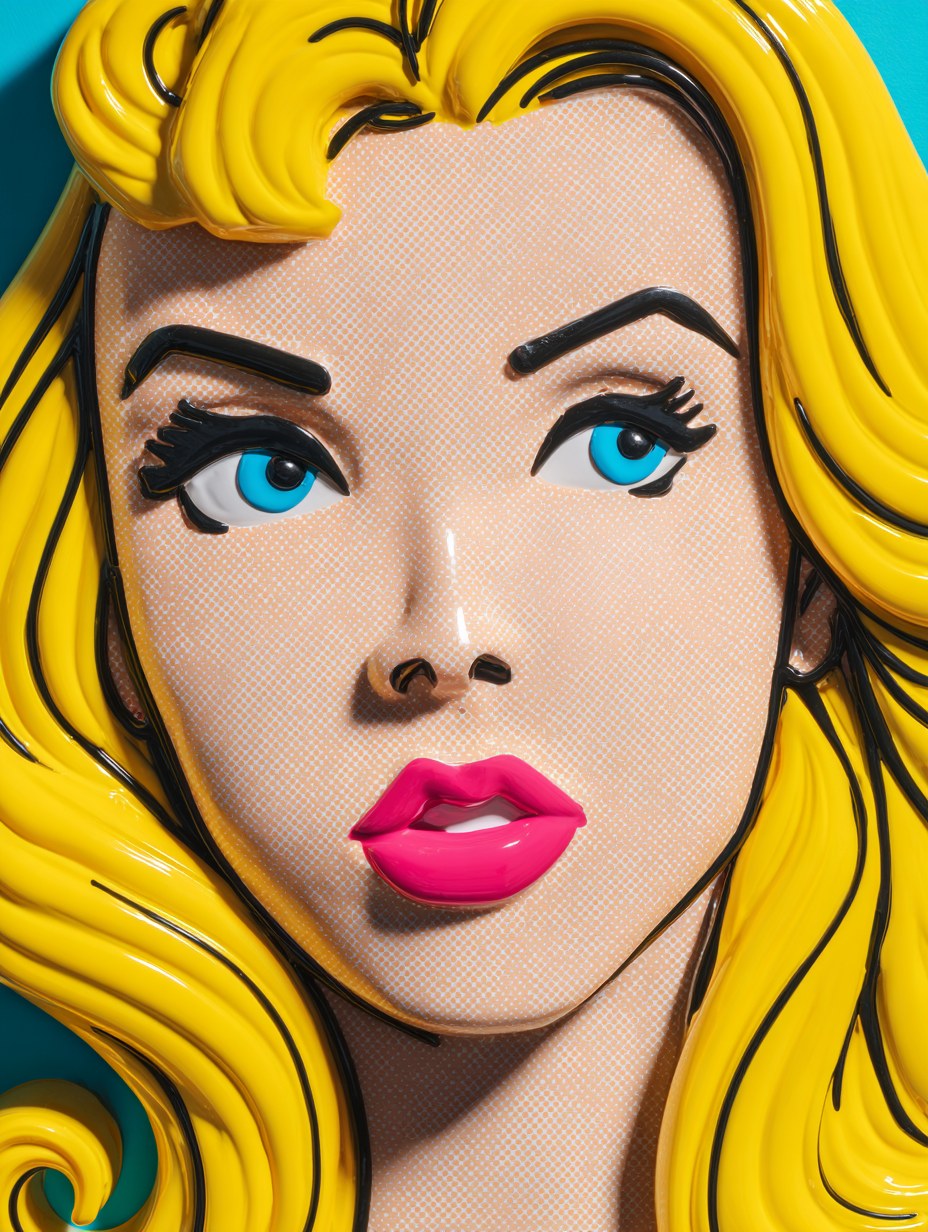 Full-frame 3D pop-art sculpture of a woman in a modern Roy Lichtenstein…