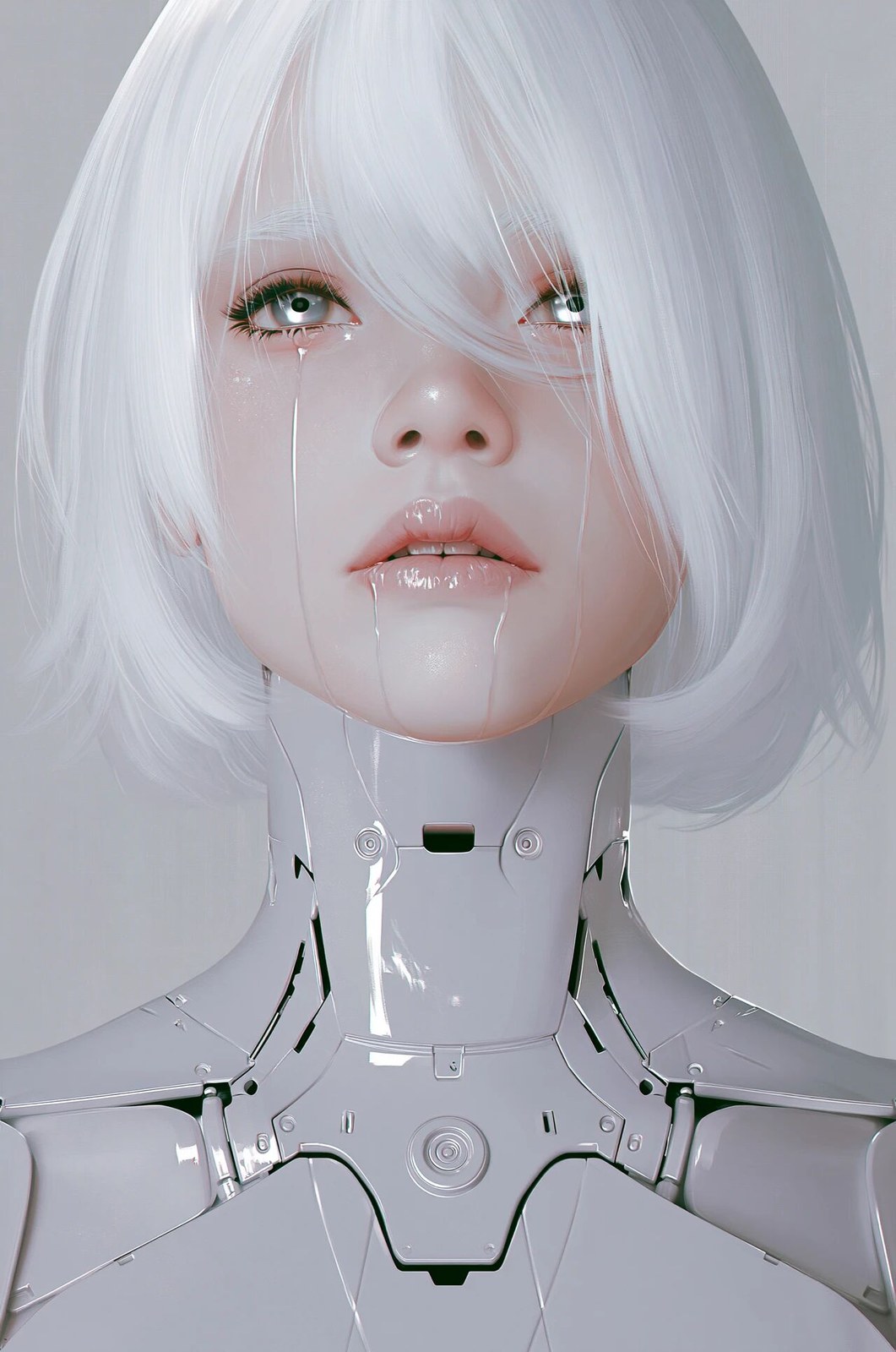 a beautiful illustration of an android woman with white hair and silver…