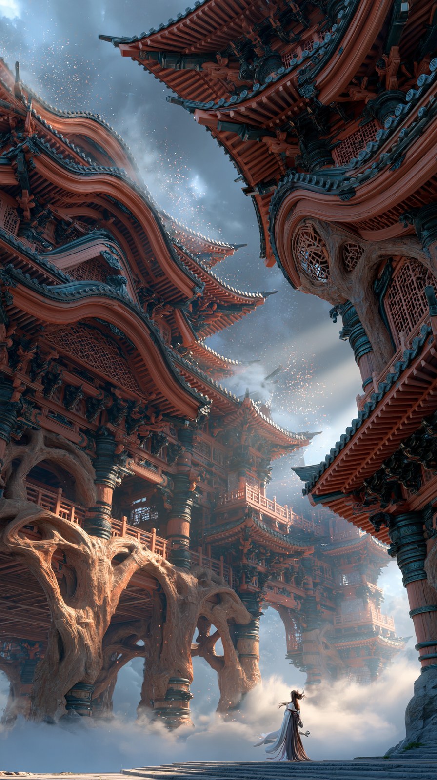 Grand low angle view looking up at a magnificent Chinese palace floatin…
