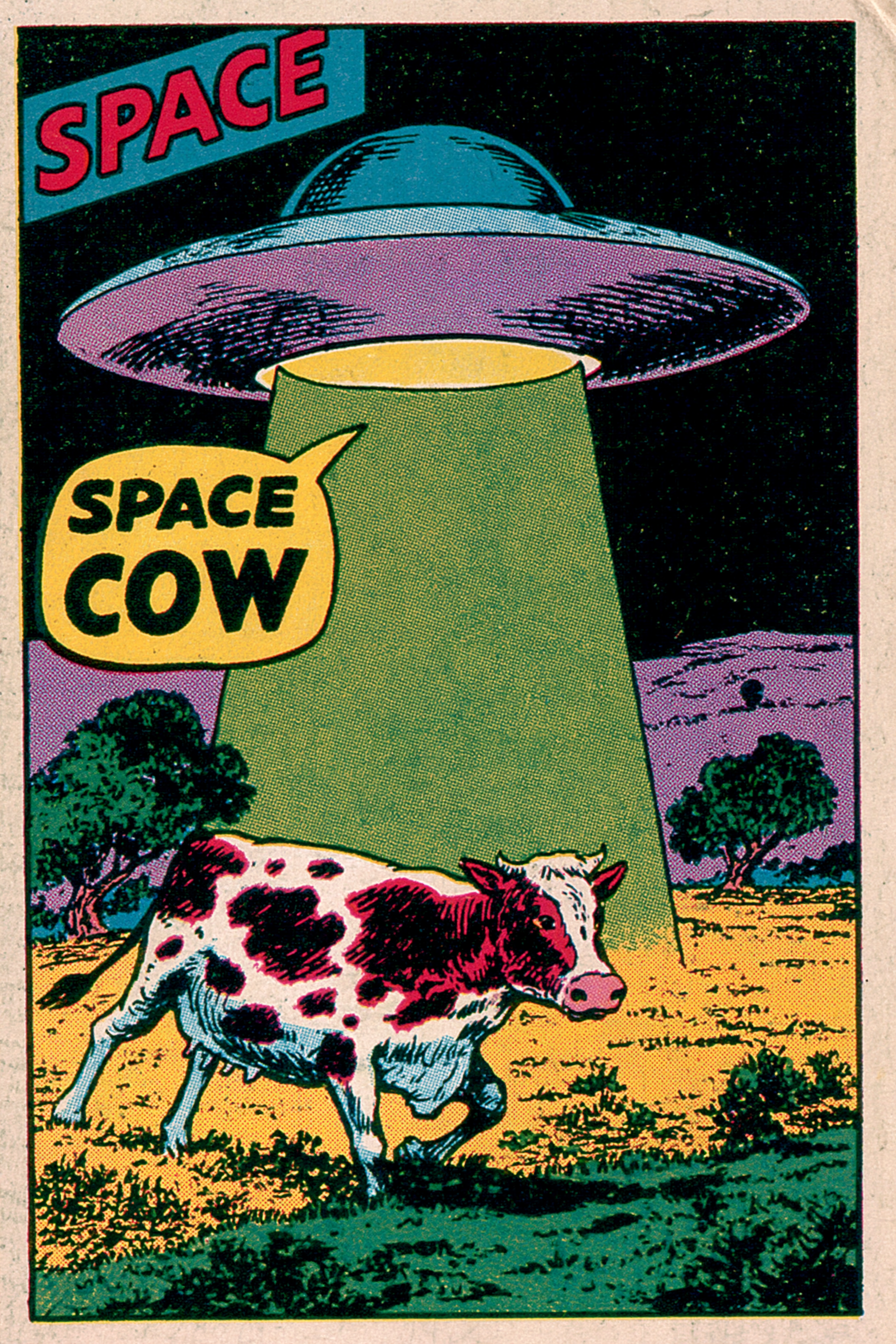 A comic book cover featuring a flying saucer using a green beam to lift…