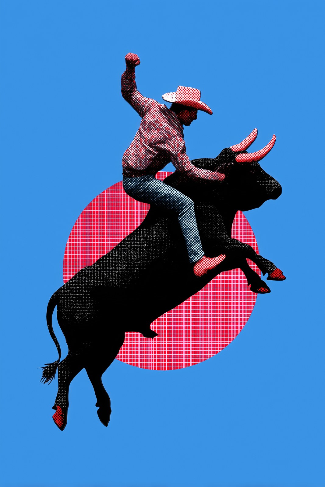 blue background, cowboy riding a raging bull in a blue background --ar …