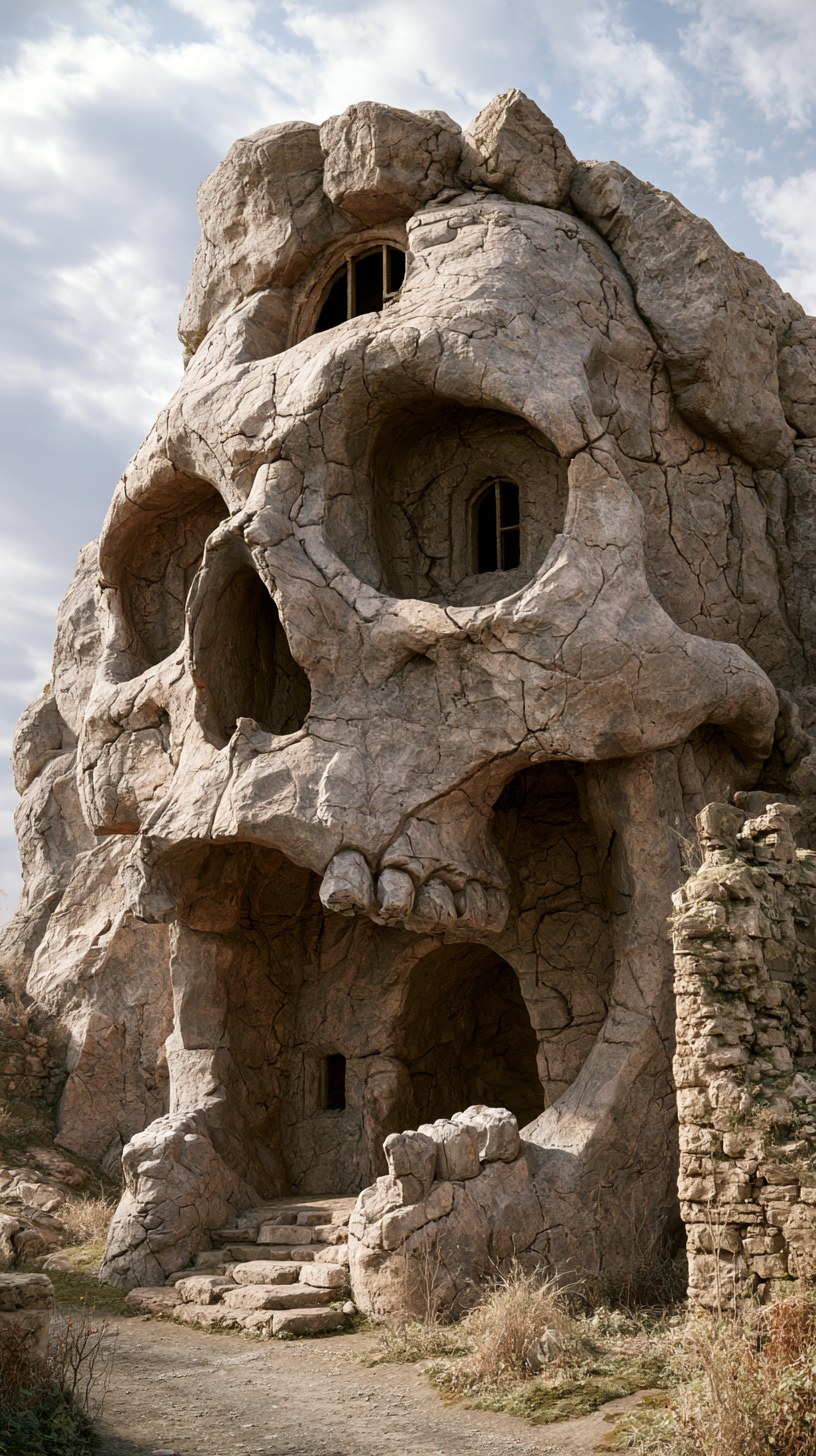 Ultra-realistic ancient stone skull house built from rough weathered ro…
