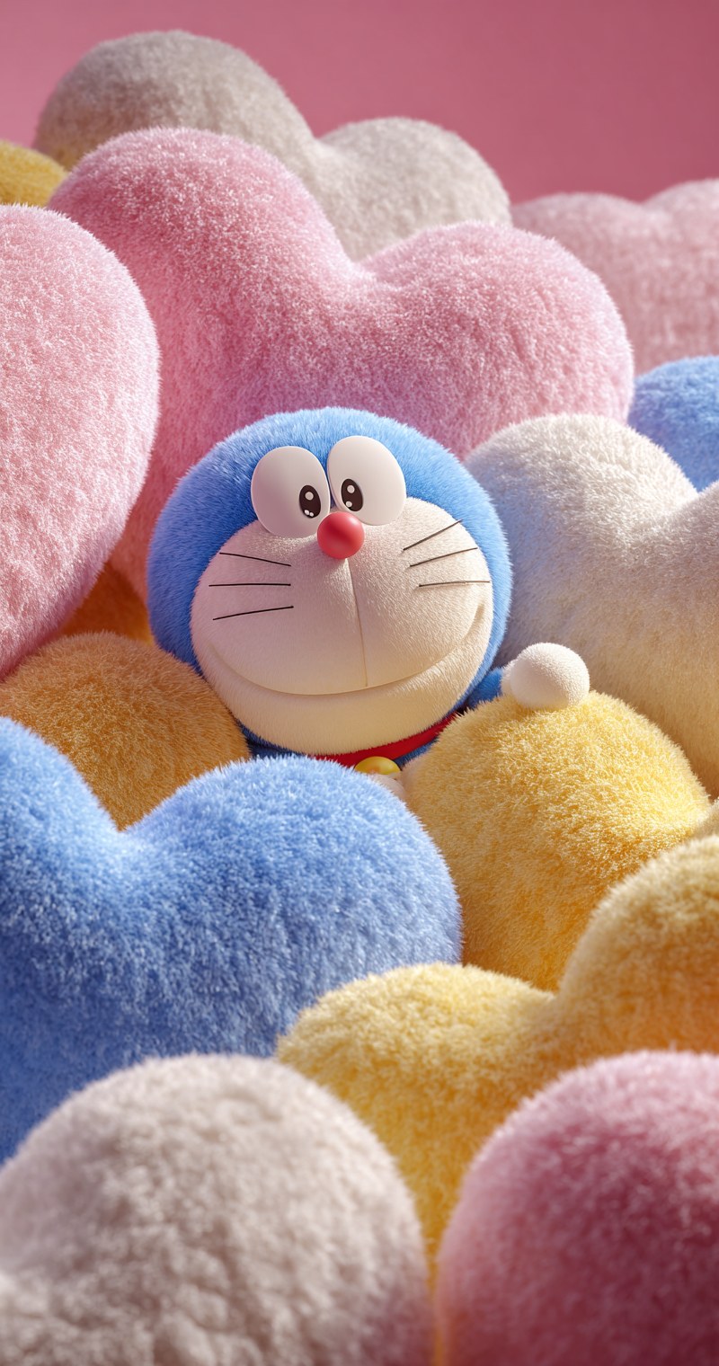 Doraemon is surrounded by giant, soft, heart-shaped plush balls in blue…