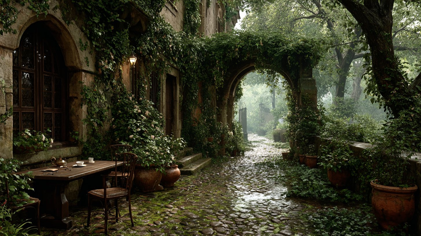 A small courtyard garden bathed in soft rain, with a table set for one … 1