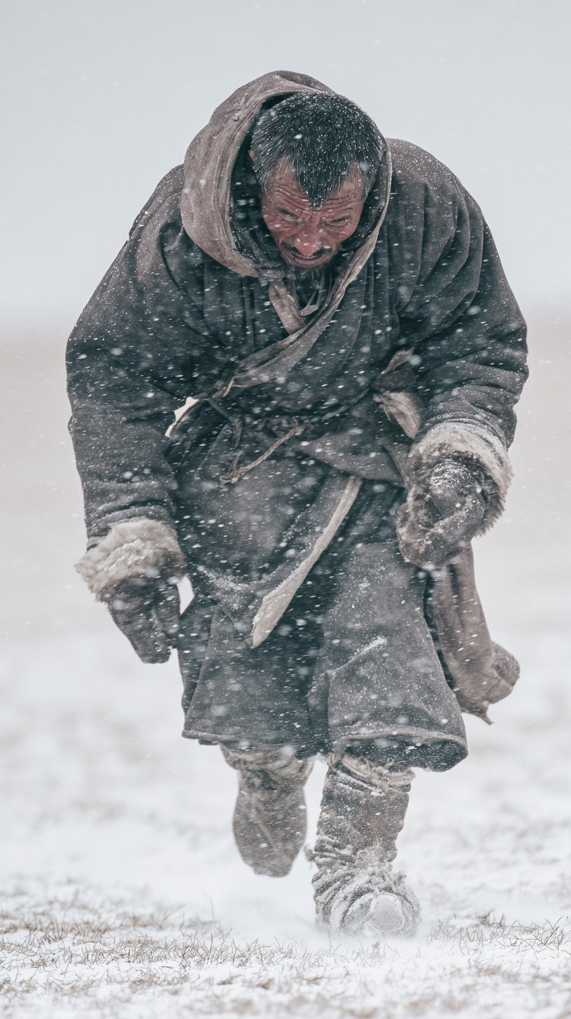 Photography A China tribal man bent forward while pacing hard against t…