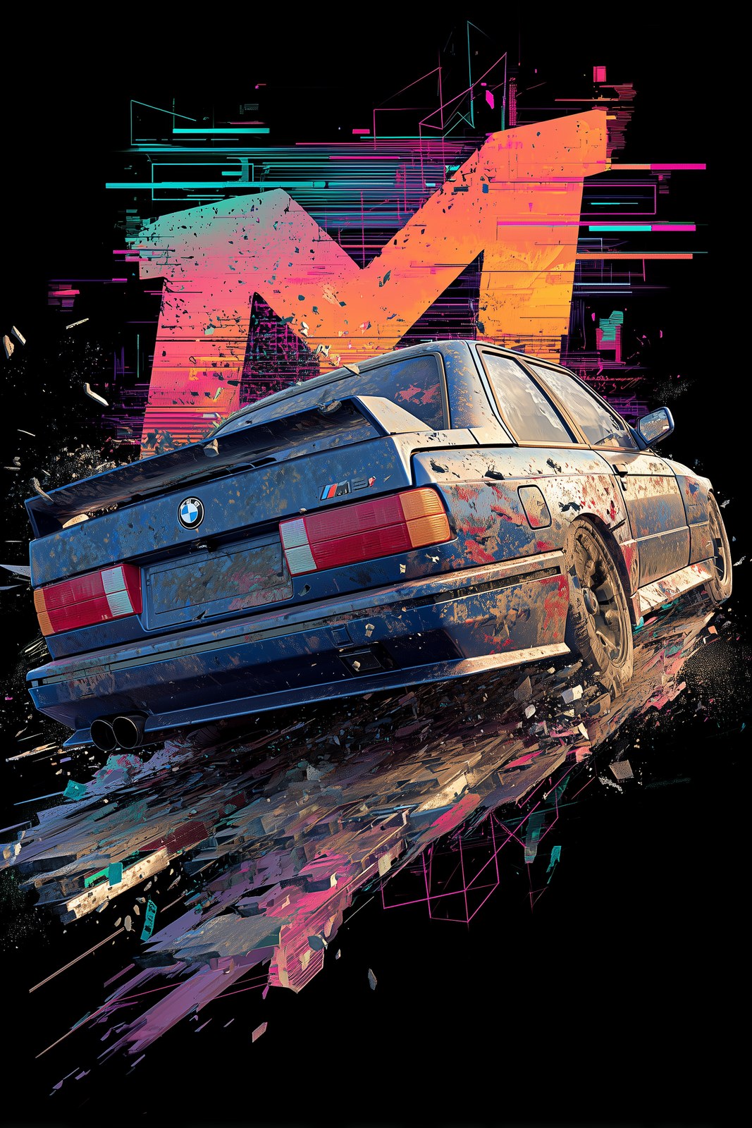 BMW M3 E30 rear 3/4 view, iconic sports car disintegrating into element…