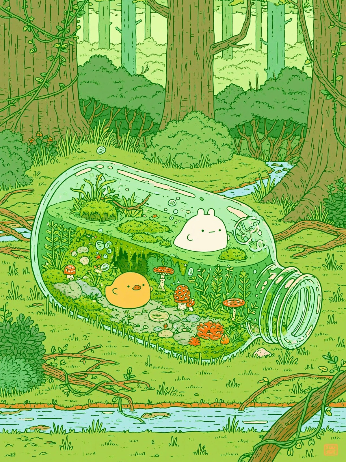 In a secluded forest corner, a large transparent glass bottle lies on i…