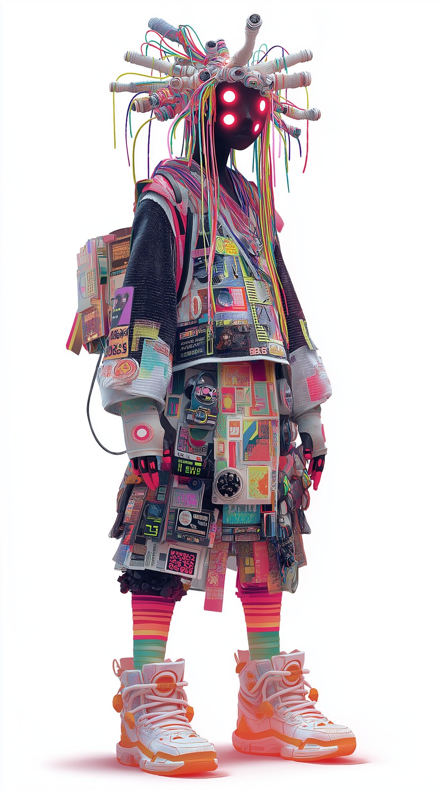 A surreal humanoid female character representing sensory overload. She …