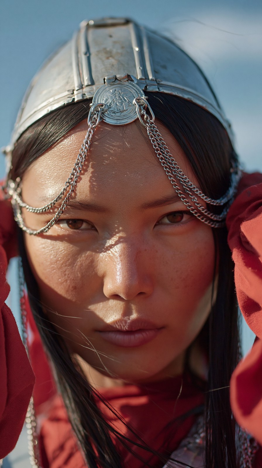 Editorial cinematic portrait, ultra close up of a Yakut woman, face fil…