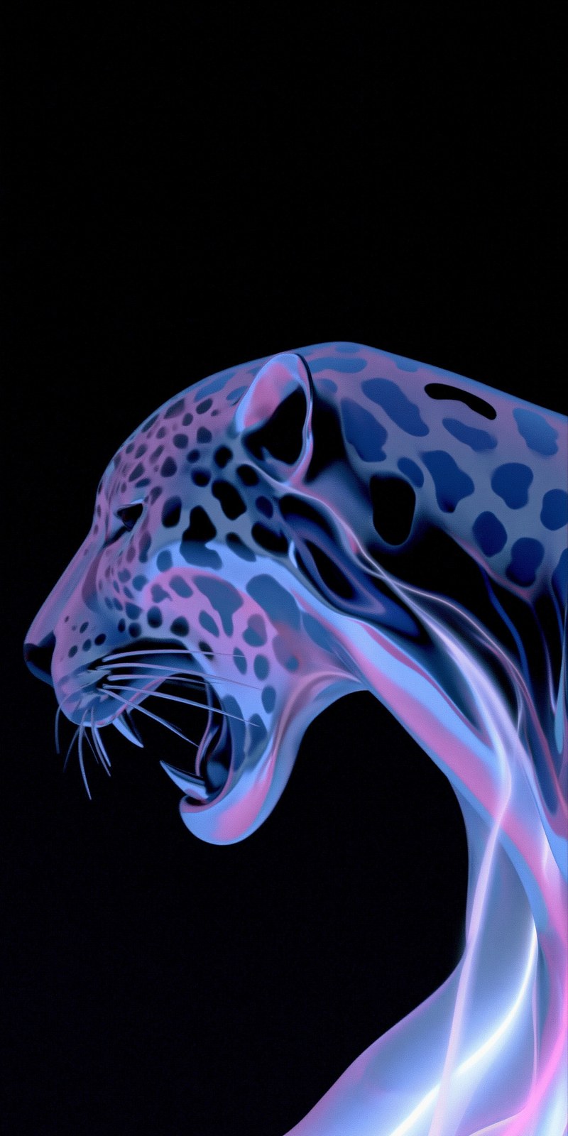 Macro shot, liquid chrome panther emerging from black fluid, emitting m…