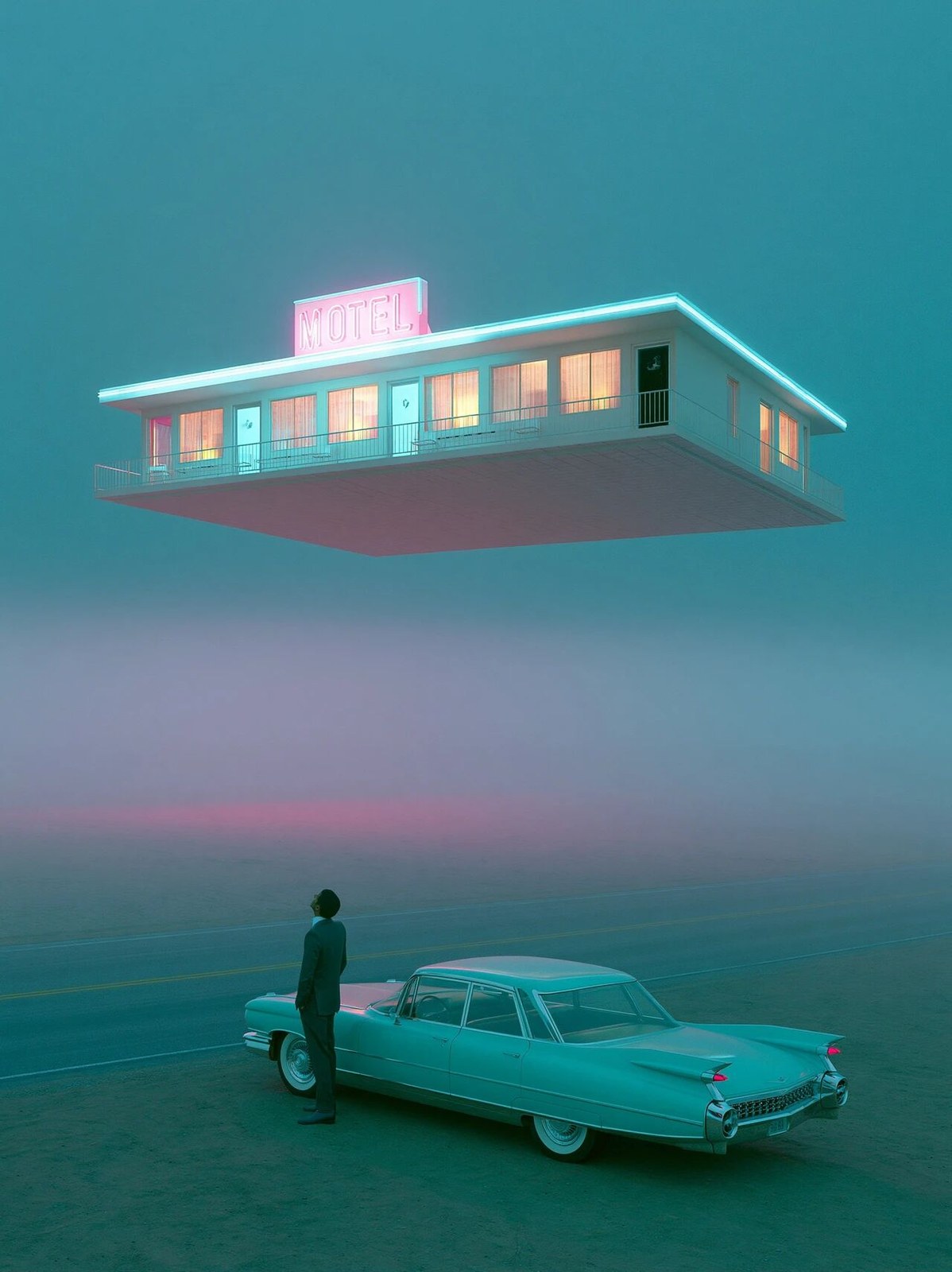 An empty roadside motel floating above an endless desert at night, neon…