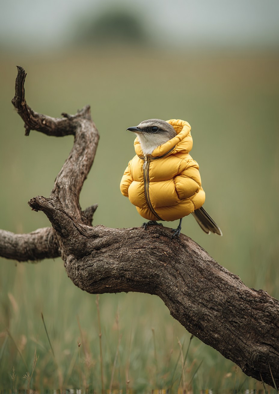a bird wearing an inflatable yellow down jacket perched on the top of a…