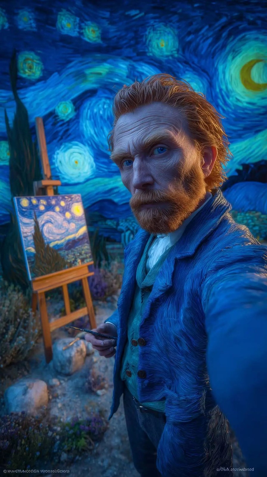 This hyper-realistic selfie shows Vincent van Gogh painting "Starry Nig…