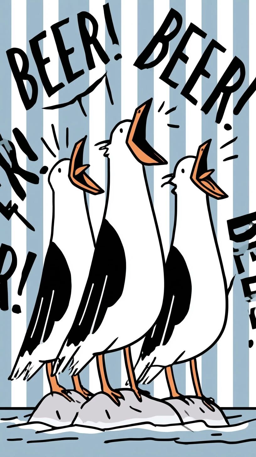 A cartoon illustration features three seagulls standing on a rock in th…