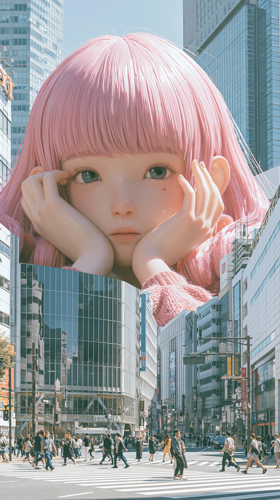 Surreal photomontage, giant anime style Asian girl head emerging above …