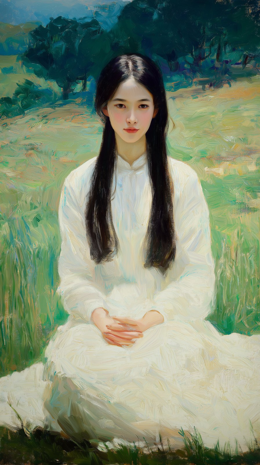 A beautiful young woman of classical Chinese appearance, clad in a whit…