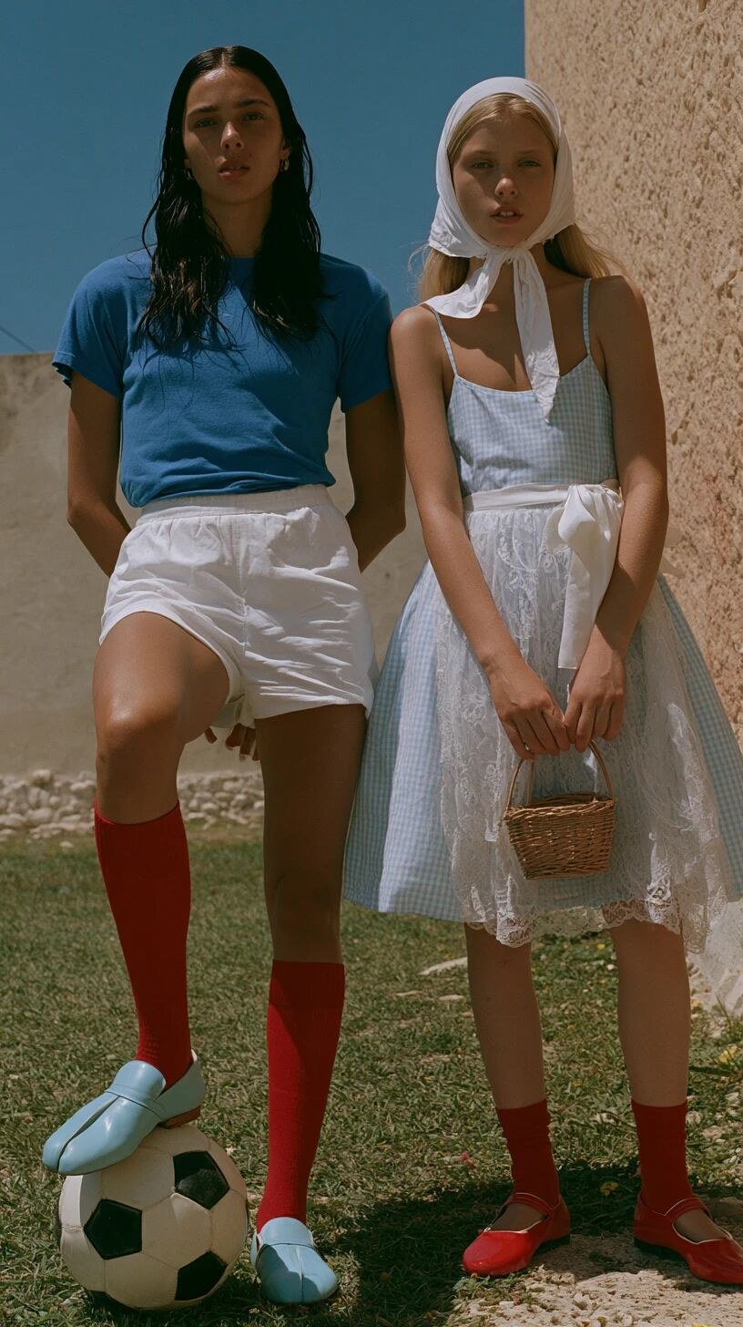 Two full body fashion models side by side, high fashion editorial, full…