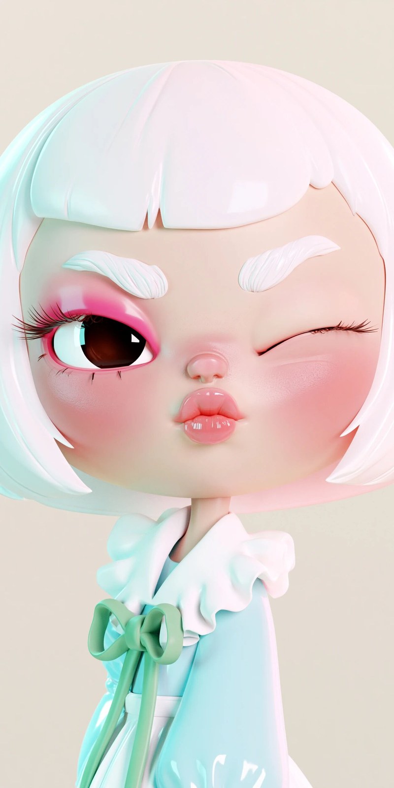 a stylized 3D chibi character with a large head and expressive face, so…