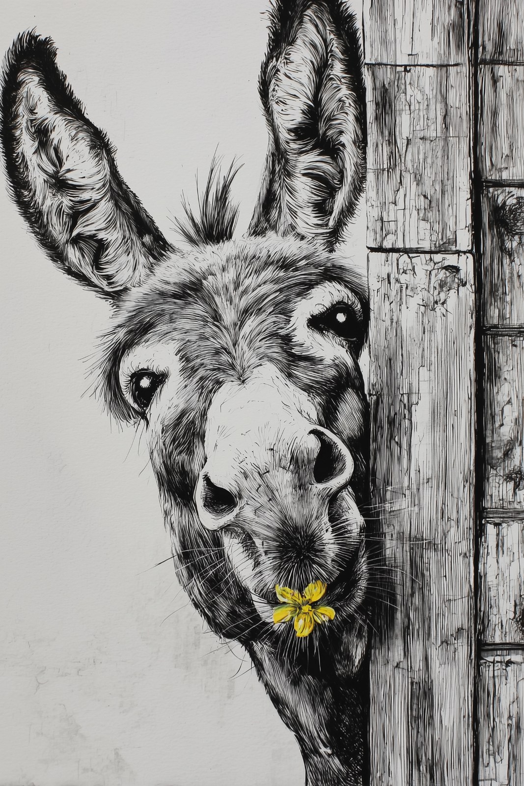 The design features a black and white sketch of a donkey with large ear…