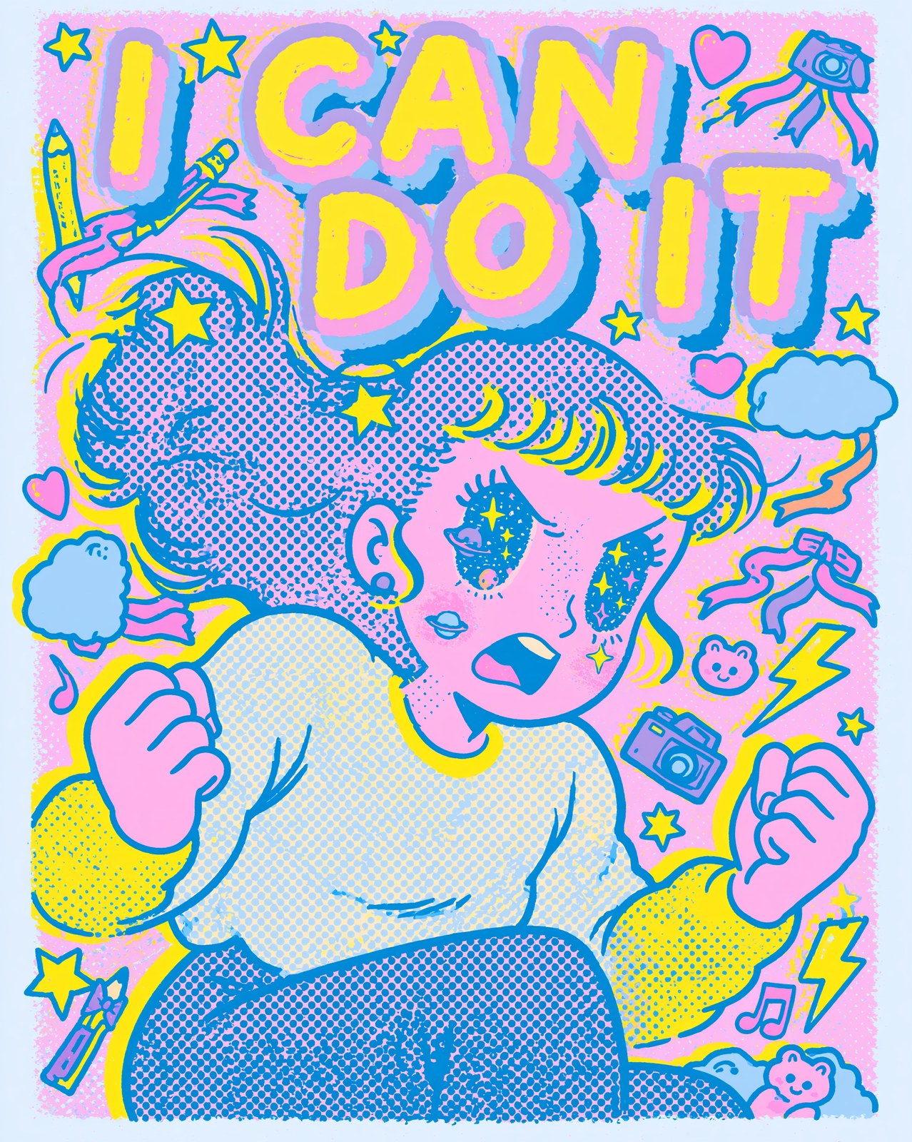 Retro 1980s Japanese pop art comic illustration. Bold halftone dot text…
