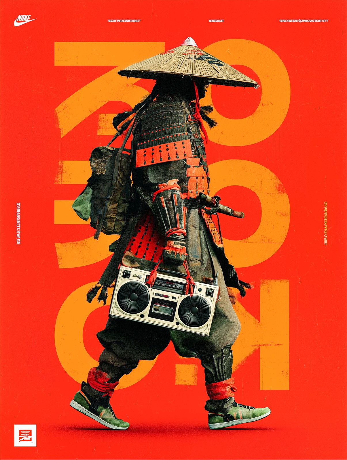Samurai walking with a stereo boombox fashion advert --ar 3:4 --sref 28…