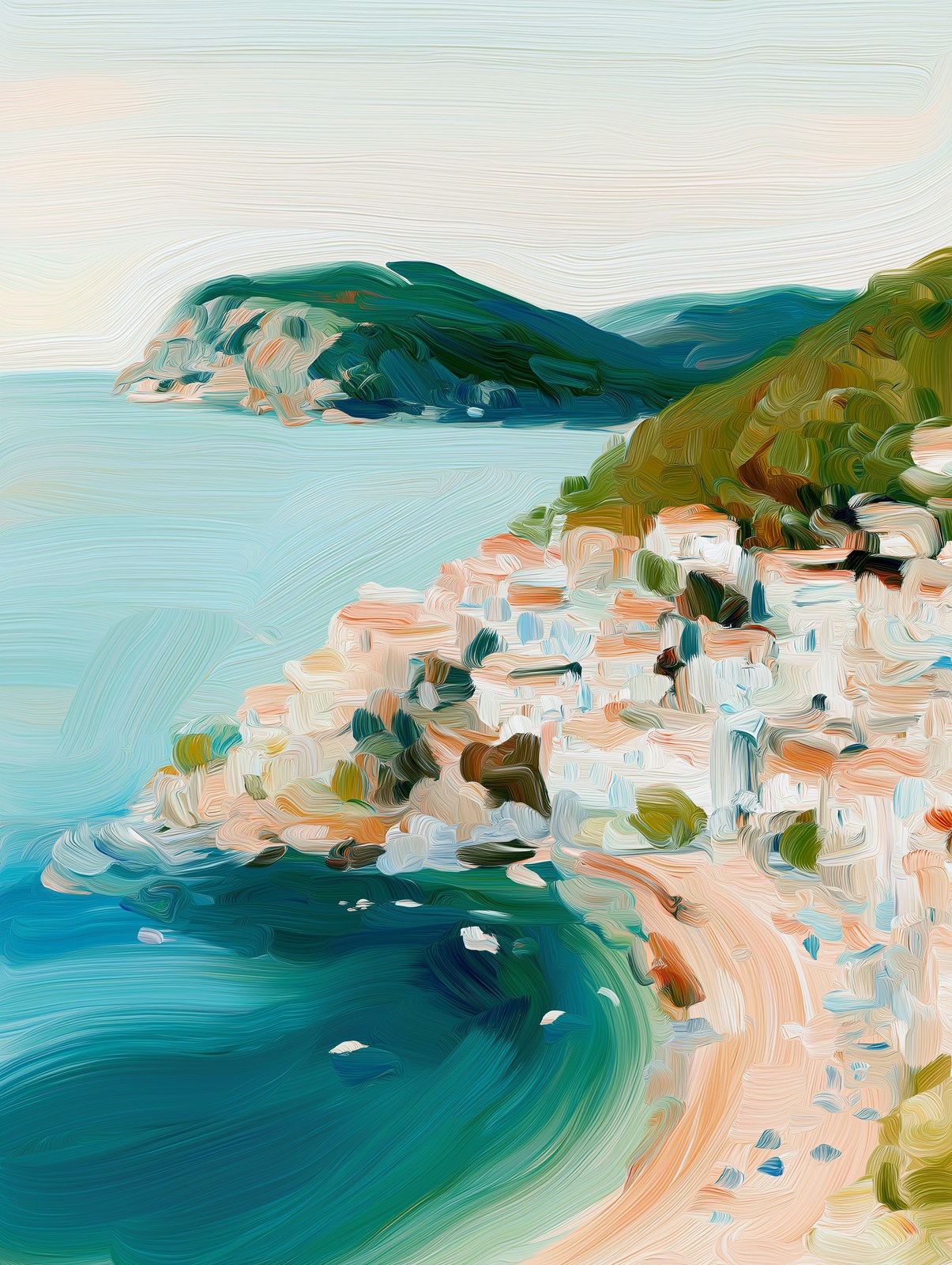 Aerial birds eye view of a Greek island beach, expressive impressionist…