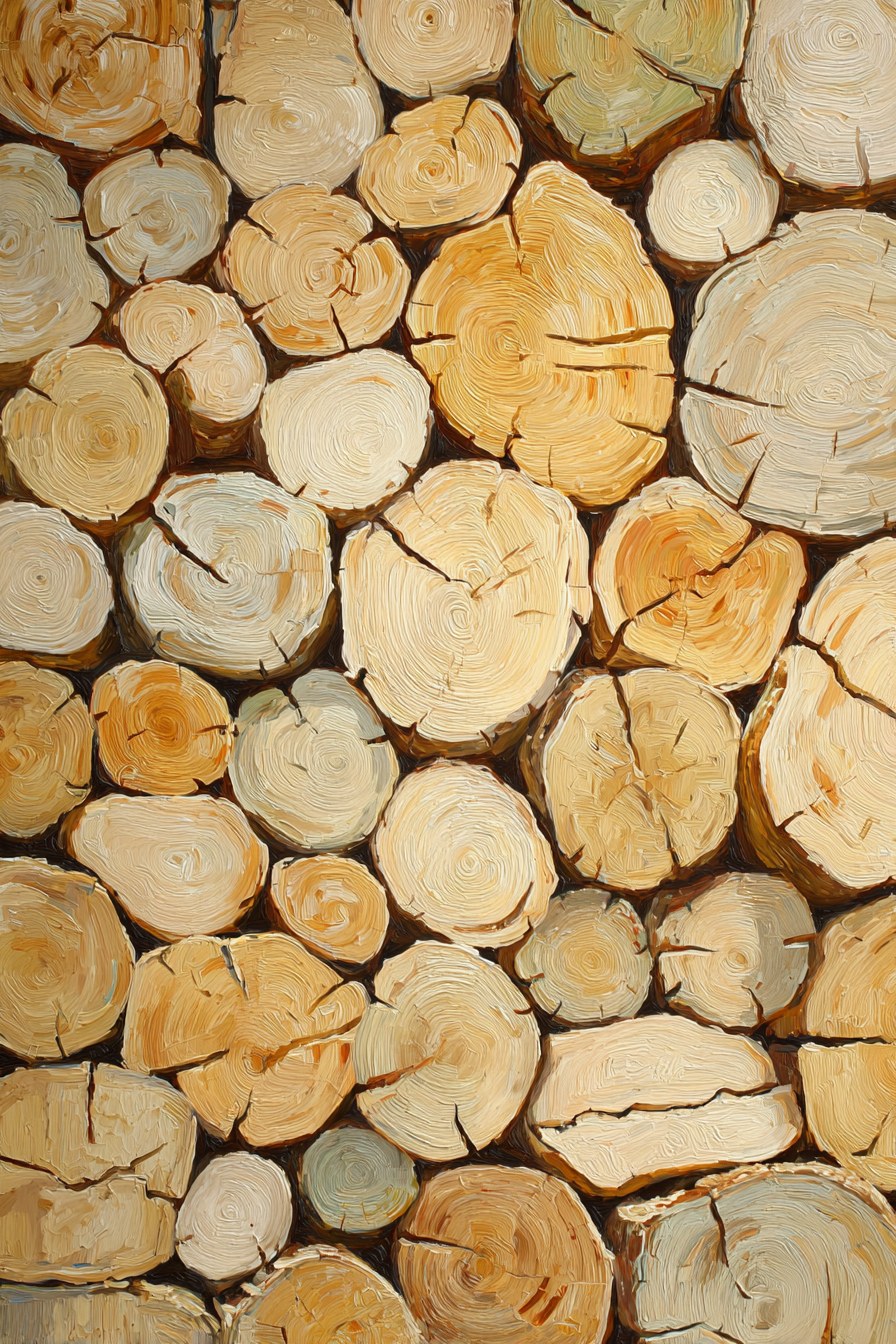 Oil painting of A close-up artistic composition of stacked cut firewood…