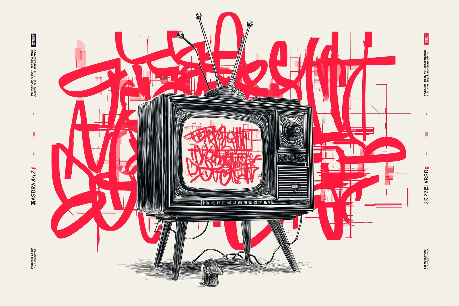 A black and white old televeision sketched in dark pencil in the foregr…