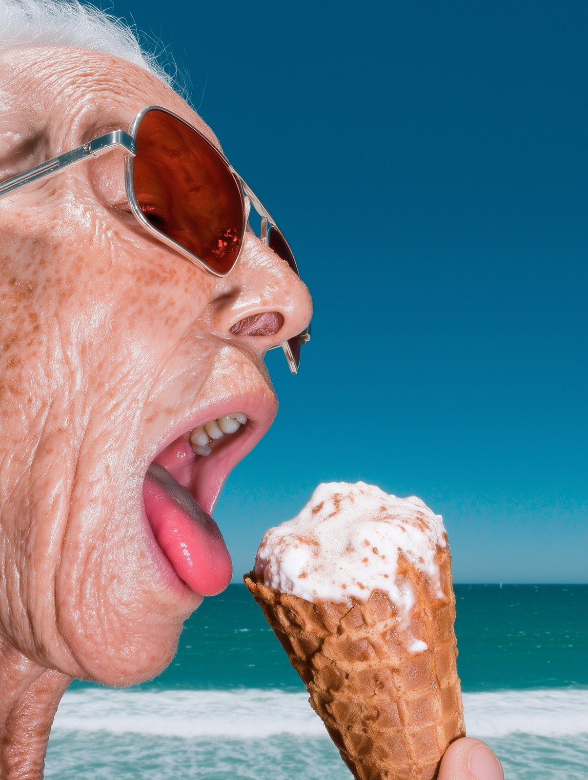 close-up side profile of an elderly woman eating a melting vanilla ice …