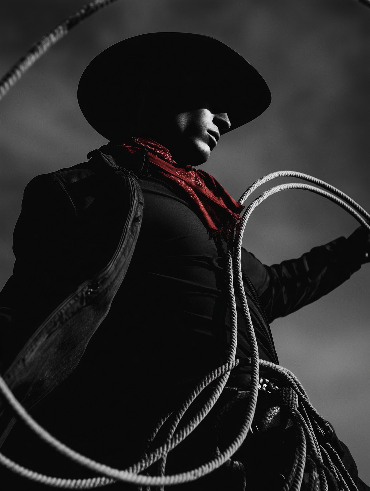 cowboy with red wild rag twirling a lasso, editorial photography, narro…