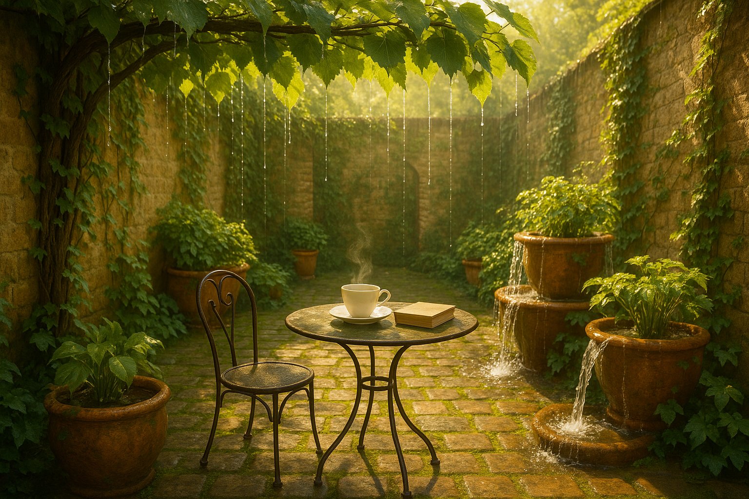A small courtyard garden bathed in soft rain, with a table set for one … 2