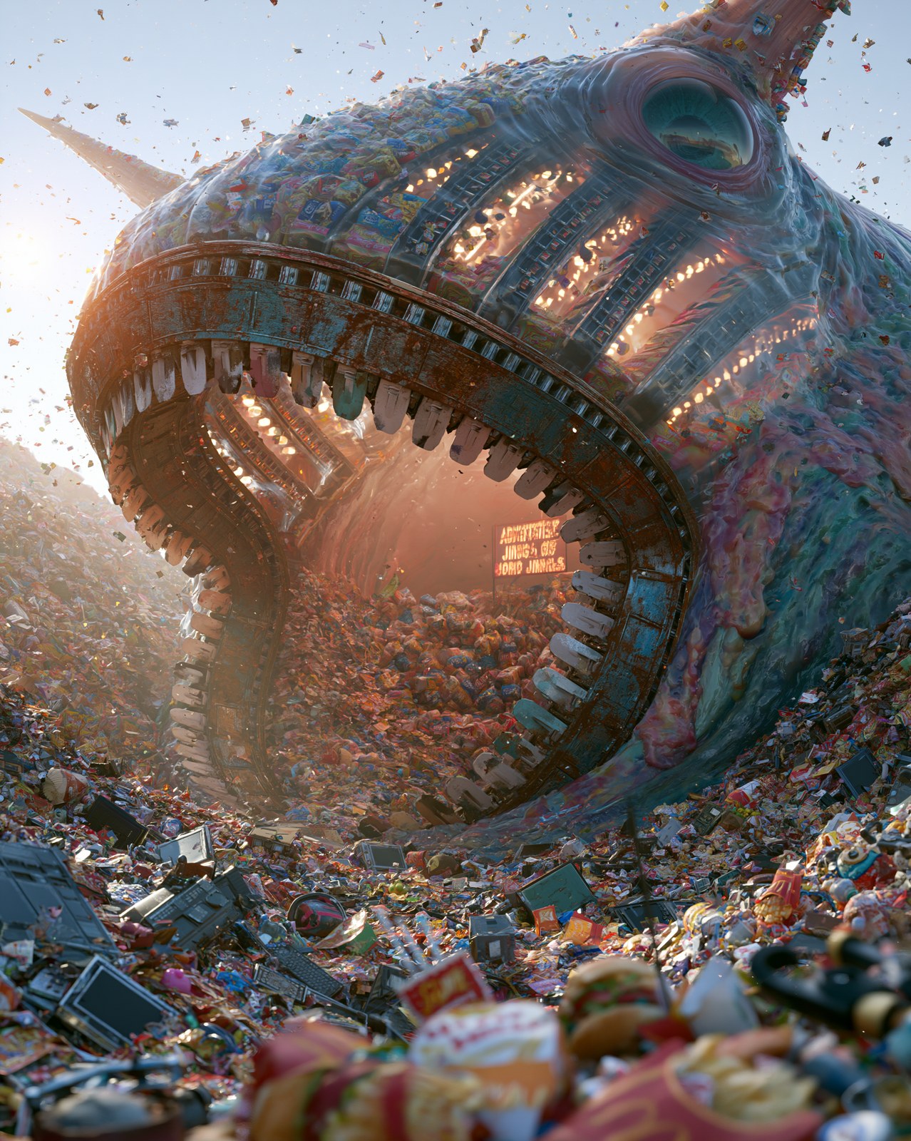 A massive, slug-like creature with conveyor belts running through its t…