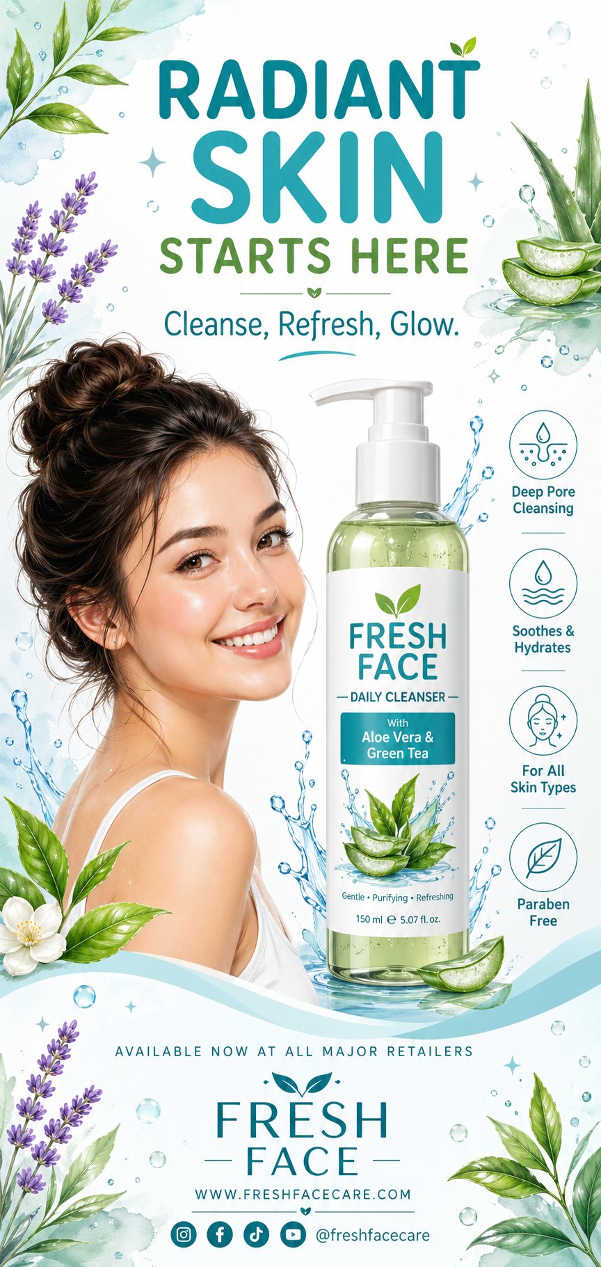A clean, refreshing vertical advertising poster design for a face wash …