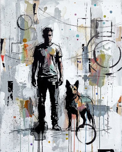 Contemporary mixed-media urban painting of [HUMAN], wearing [CLOTHING],…