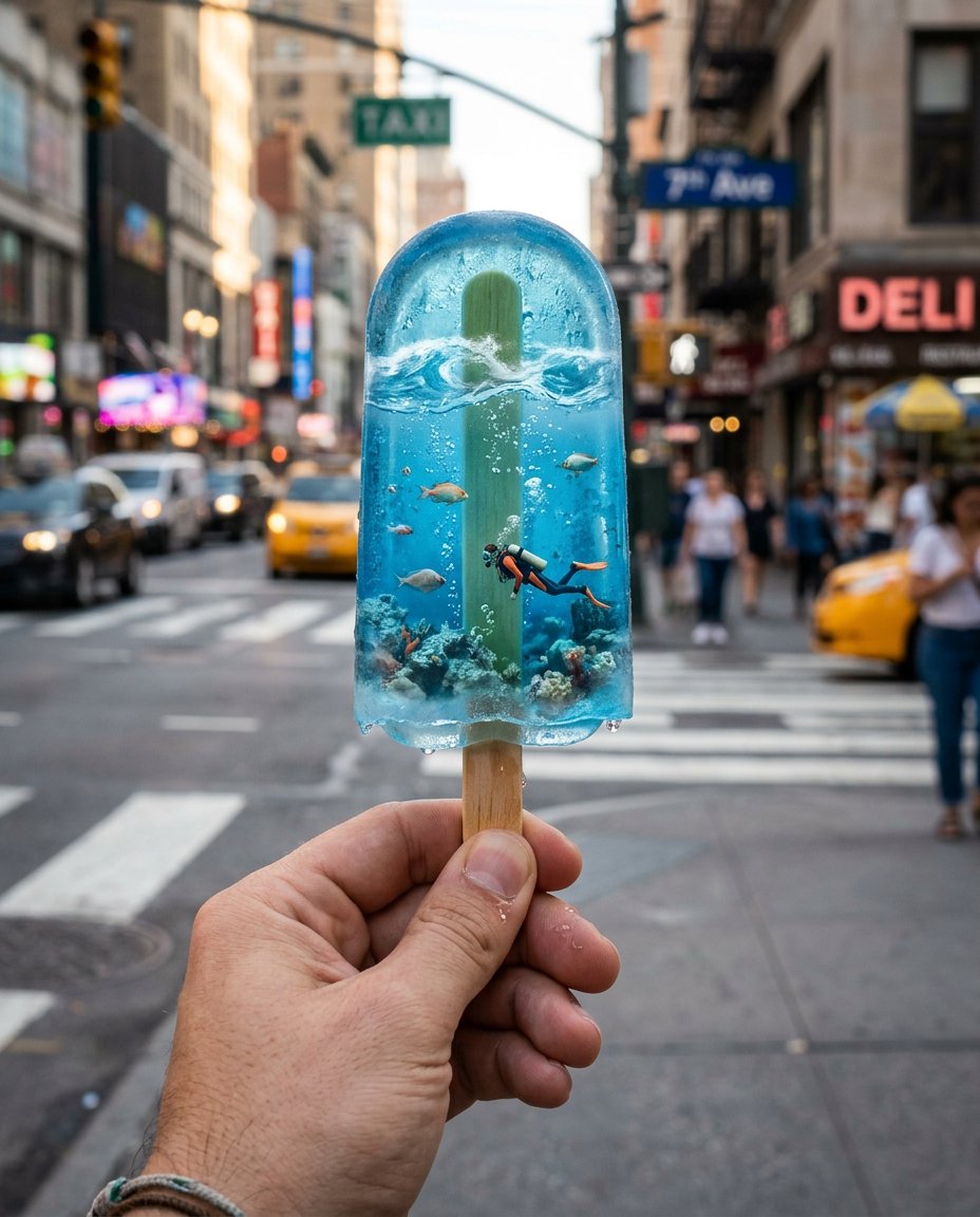 First-person perspective, one hand holding a surreal ice cream bar with…