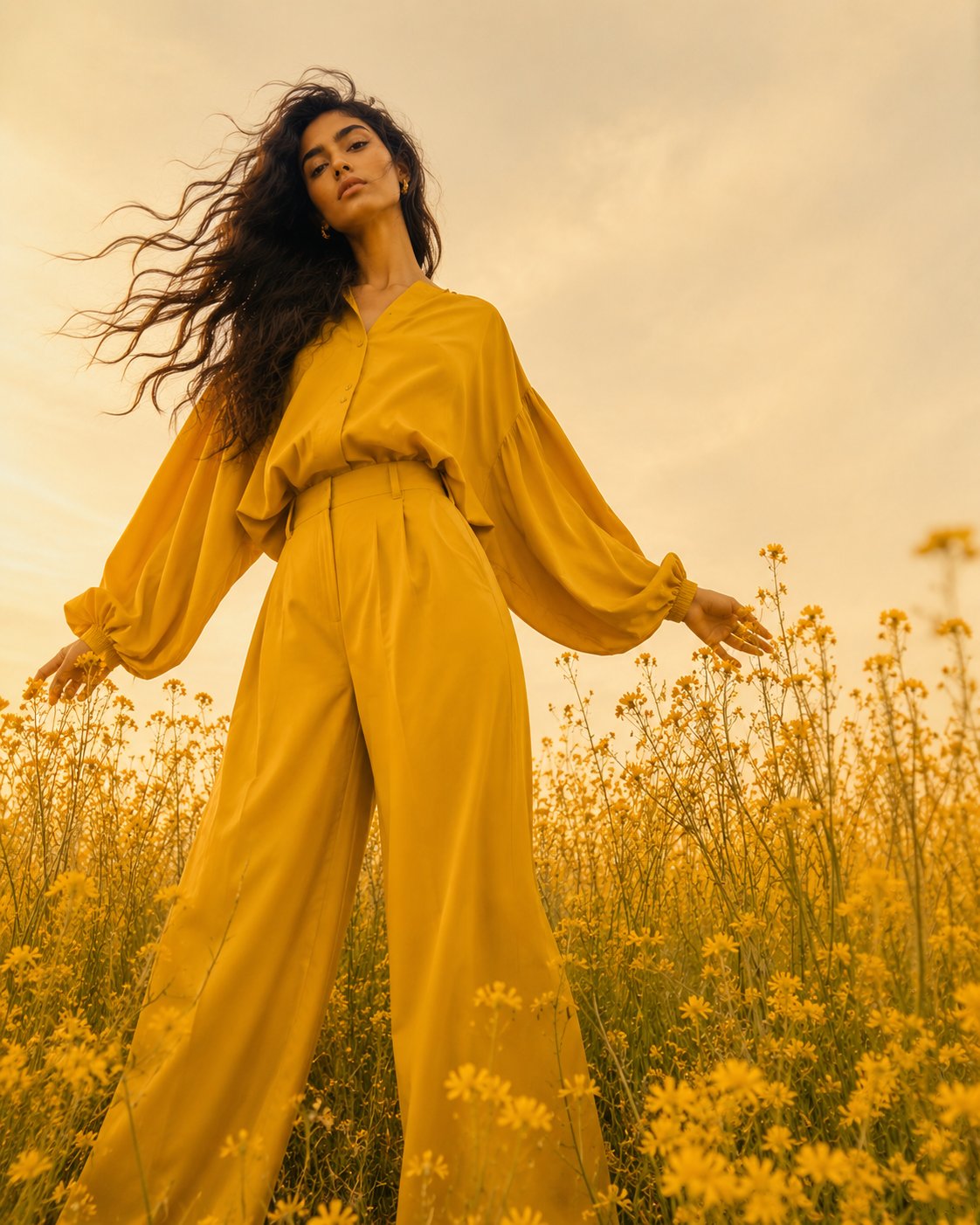 Full-body fashion editorial shot, woman in monochromatic mustard-yellow…