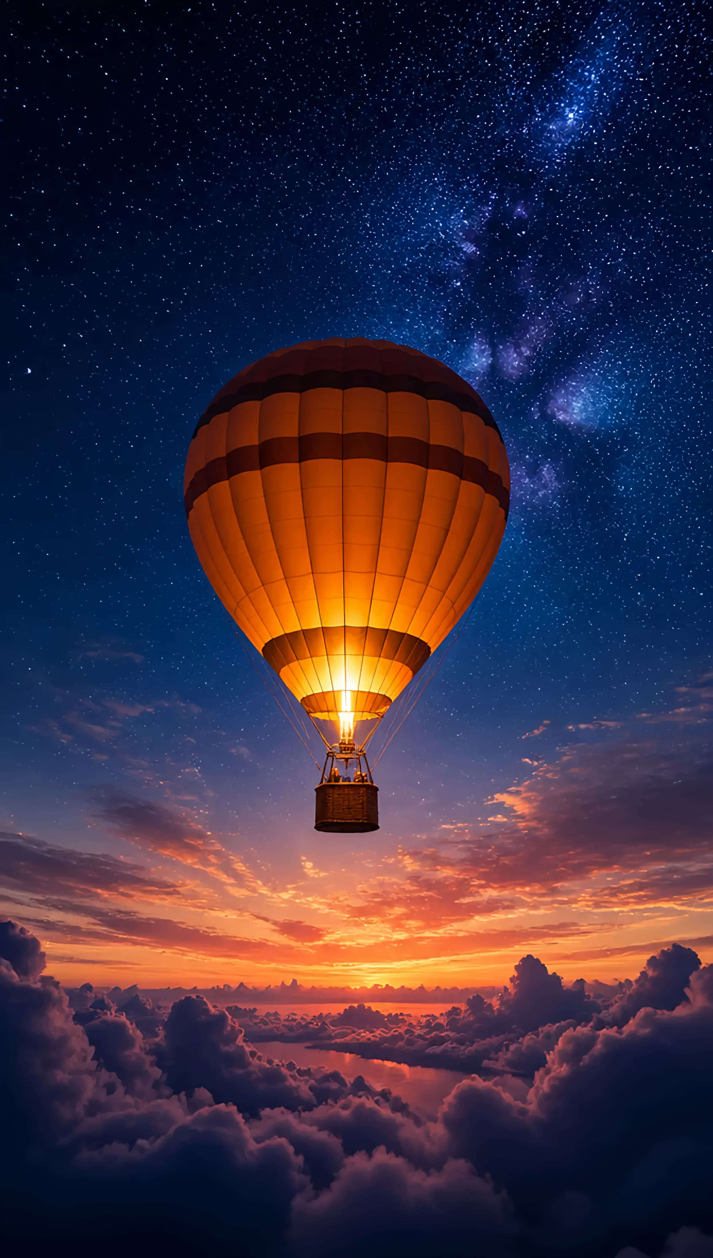 A magical white hot-air balloon, glowing from within with a warm golden…