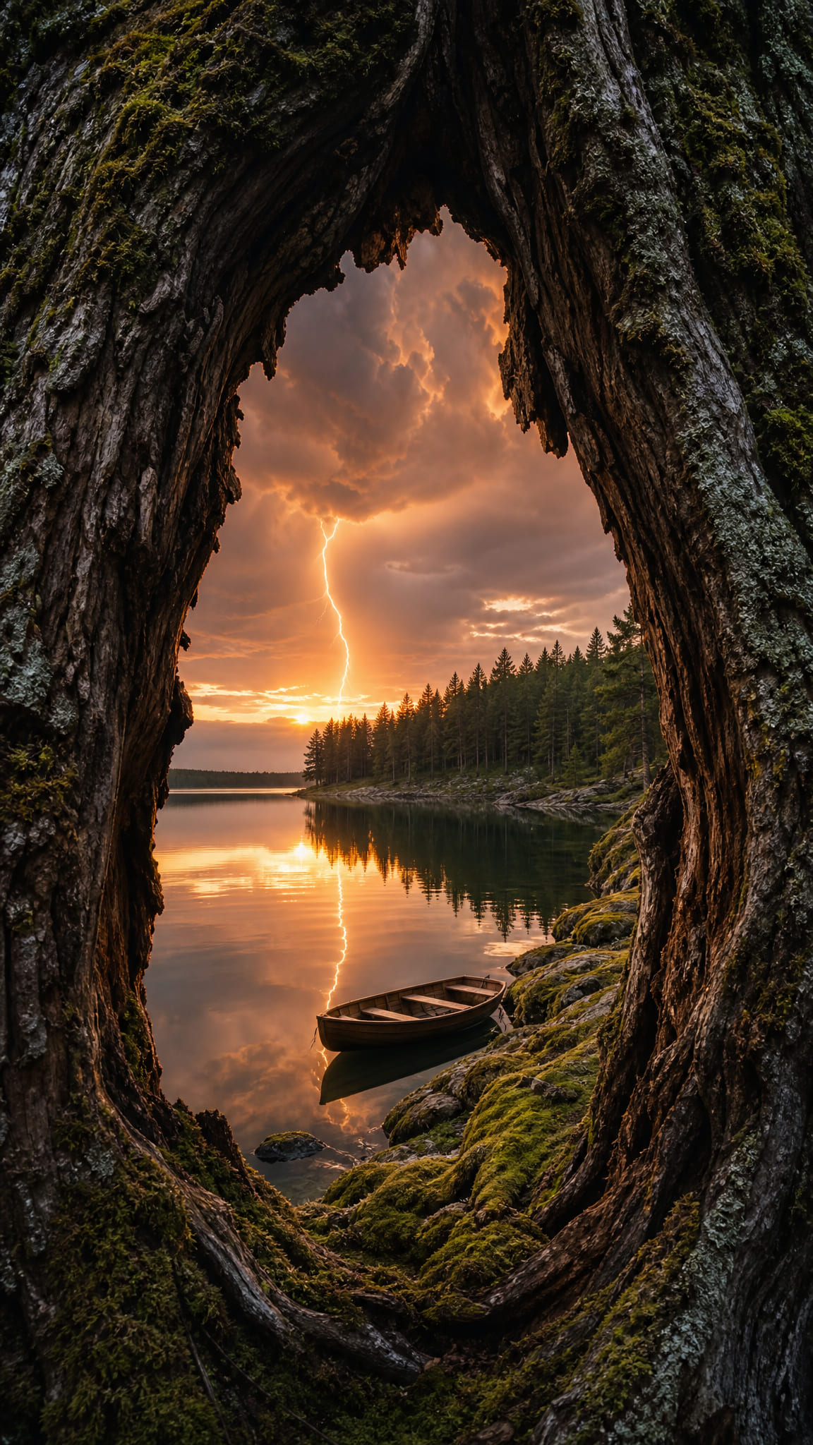 A surreal composition where a vertical opening in an old, moss- and lic…