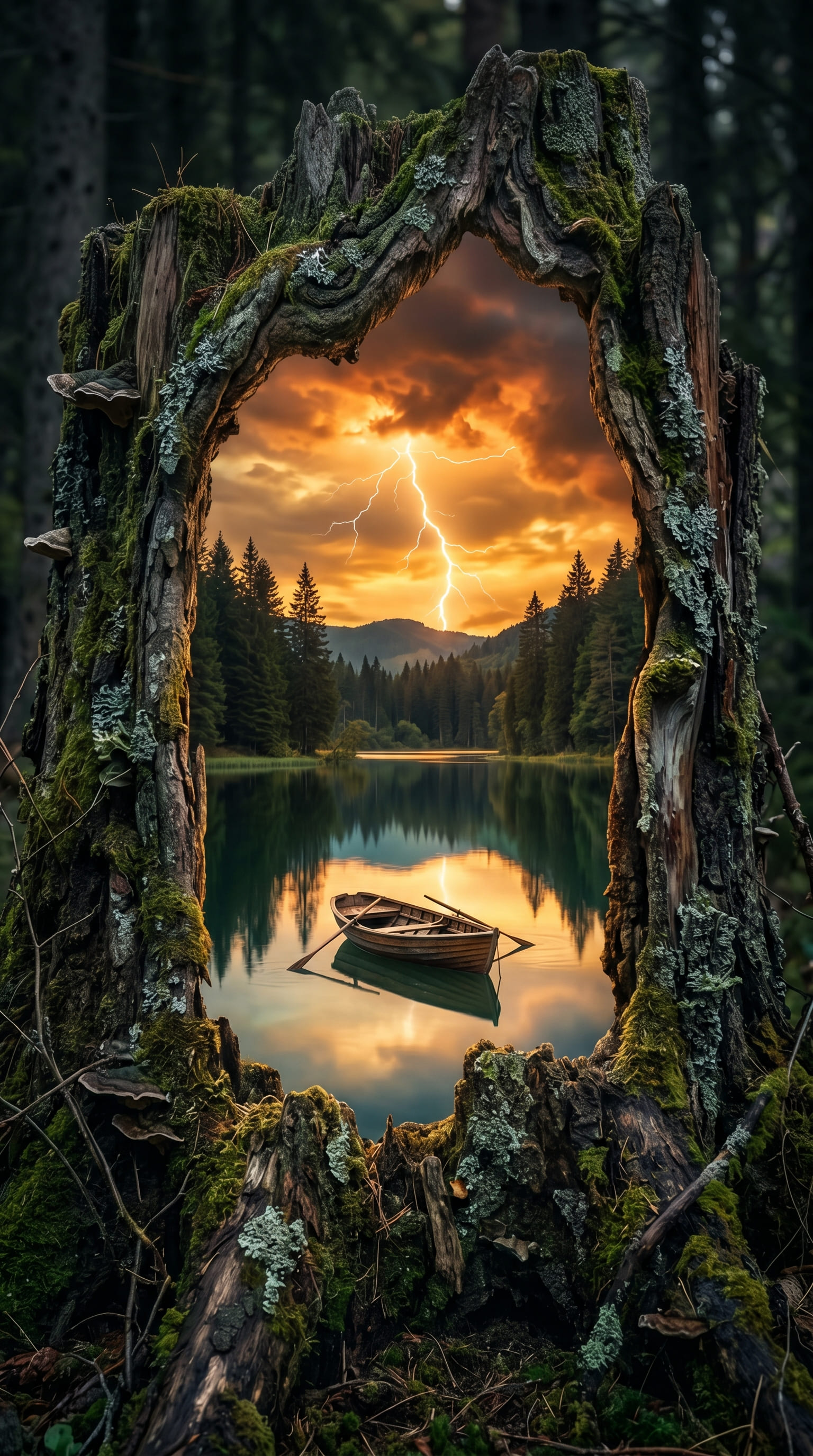A surreal composition where a vertical opening in an old, moss- and lic… 1
