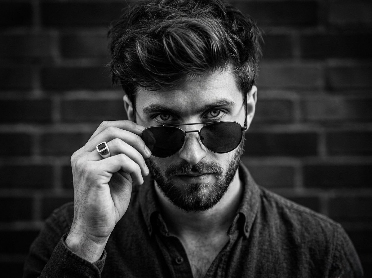 A close-up, high-contrast black and white portrait of a man looking dir…